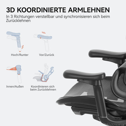 SIHOO Doro C300 Ergonomischer Bürostuhl mit 3D-Armlehnen & Lordosenstütze, Schwarz