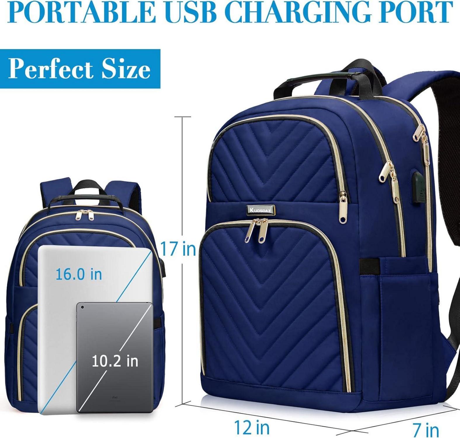 Kuosdaz Rucksack Damen USB Ladeanschluss Laptop 15.6 Zoll Blau 30L