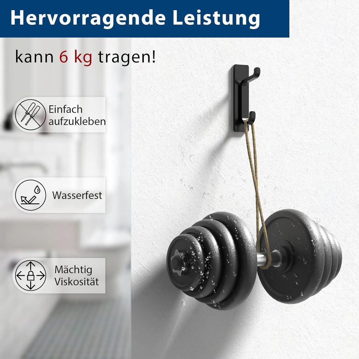 12er Pack Selbstklebende Schwarze Metall Klebehaken bis 6kg Tragkraft