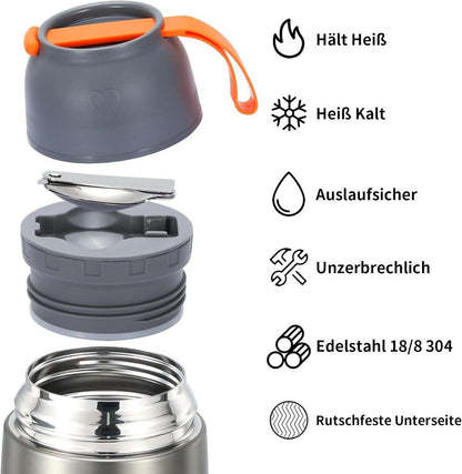 Thermobehälter 630ml Edelstahl Löffel Gabel Tasche Bürste Warmhaltebox