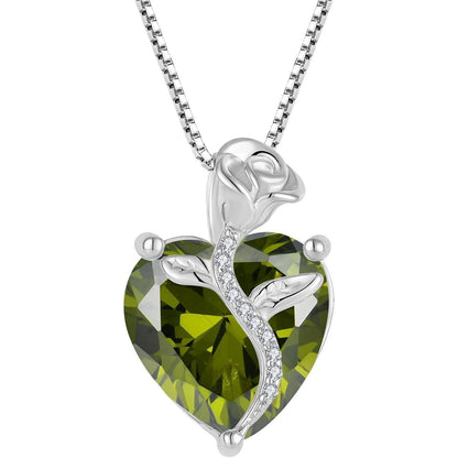 Herz Kette Damen 925 Sterling Silber Geburtsstein Peridot Rose Blume