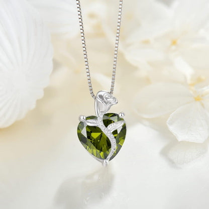 Herz Kette Damen 925 Sterling Silber Geburtsstein Peridot Rose Blume