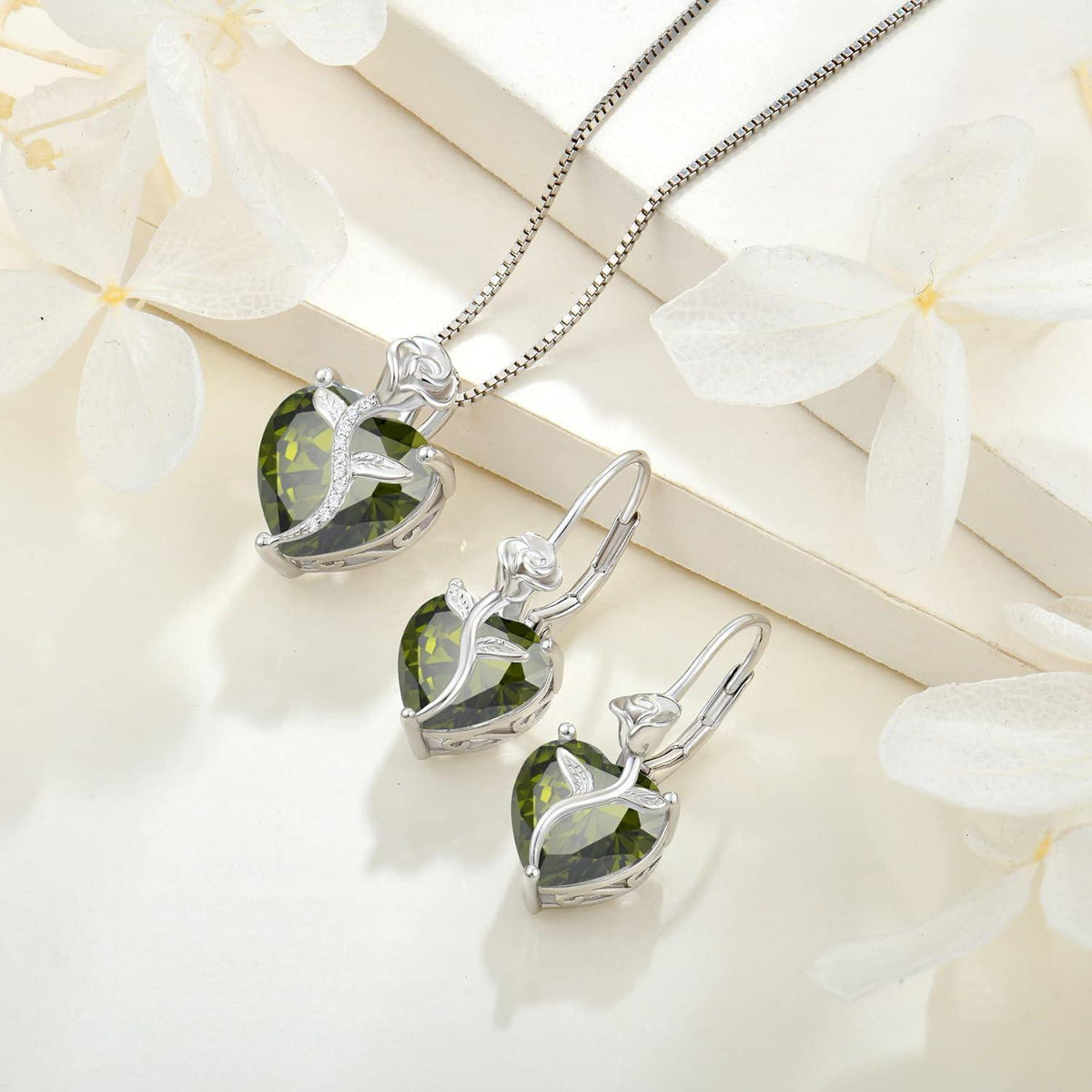 Herz Kette Damen 925 Sterling Silber Geburtsstein Peridot Rose Blume