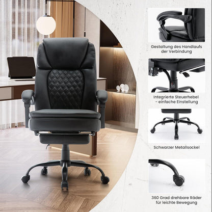 Ergonomischer Chefsessel Bürostuhl PU Leder Fußstütze Schwarz