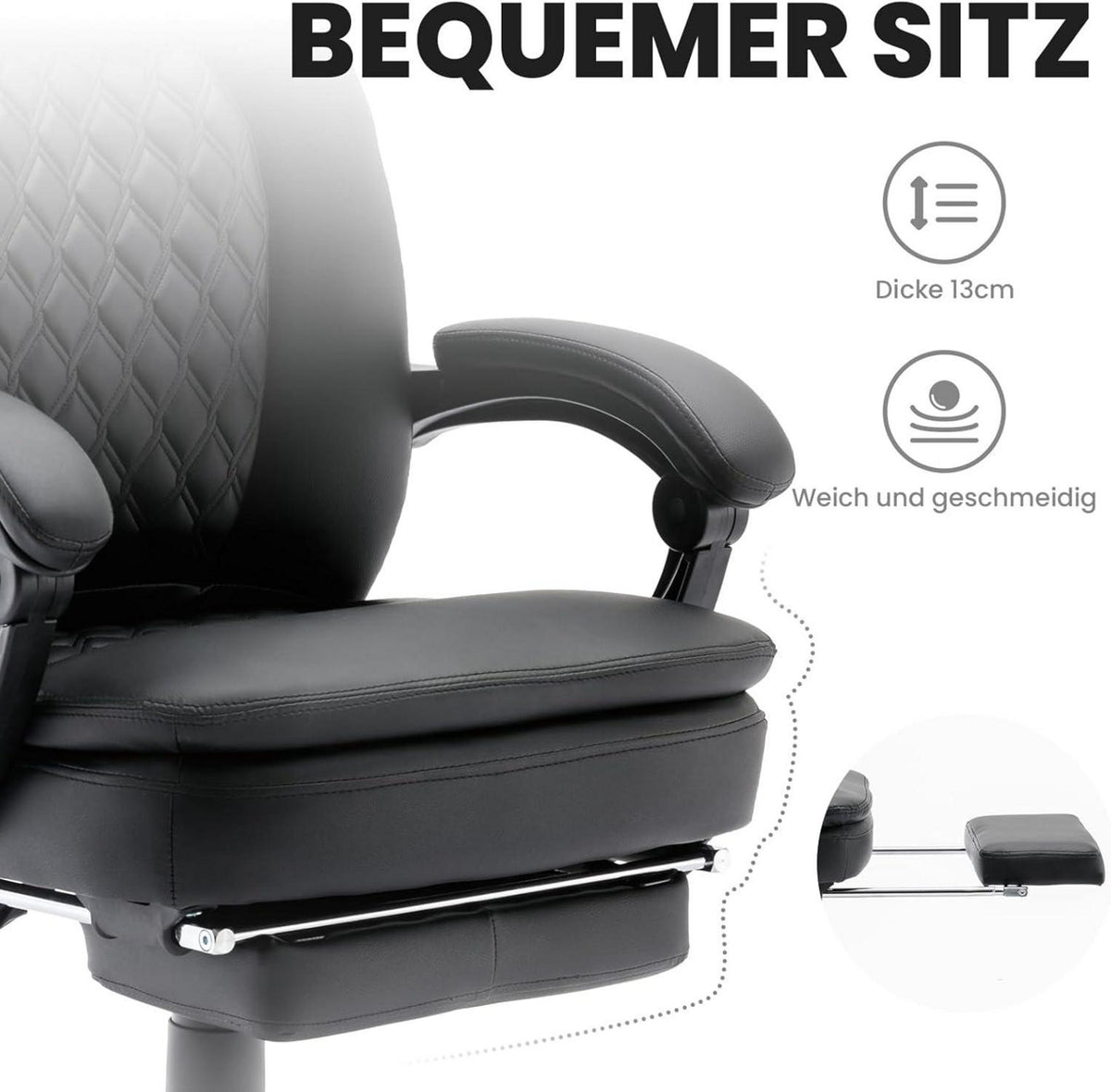 Ergonomischer Bürostuhl PU Leder Hohe Rückenlehne Fußstütze Schwarz