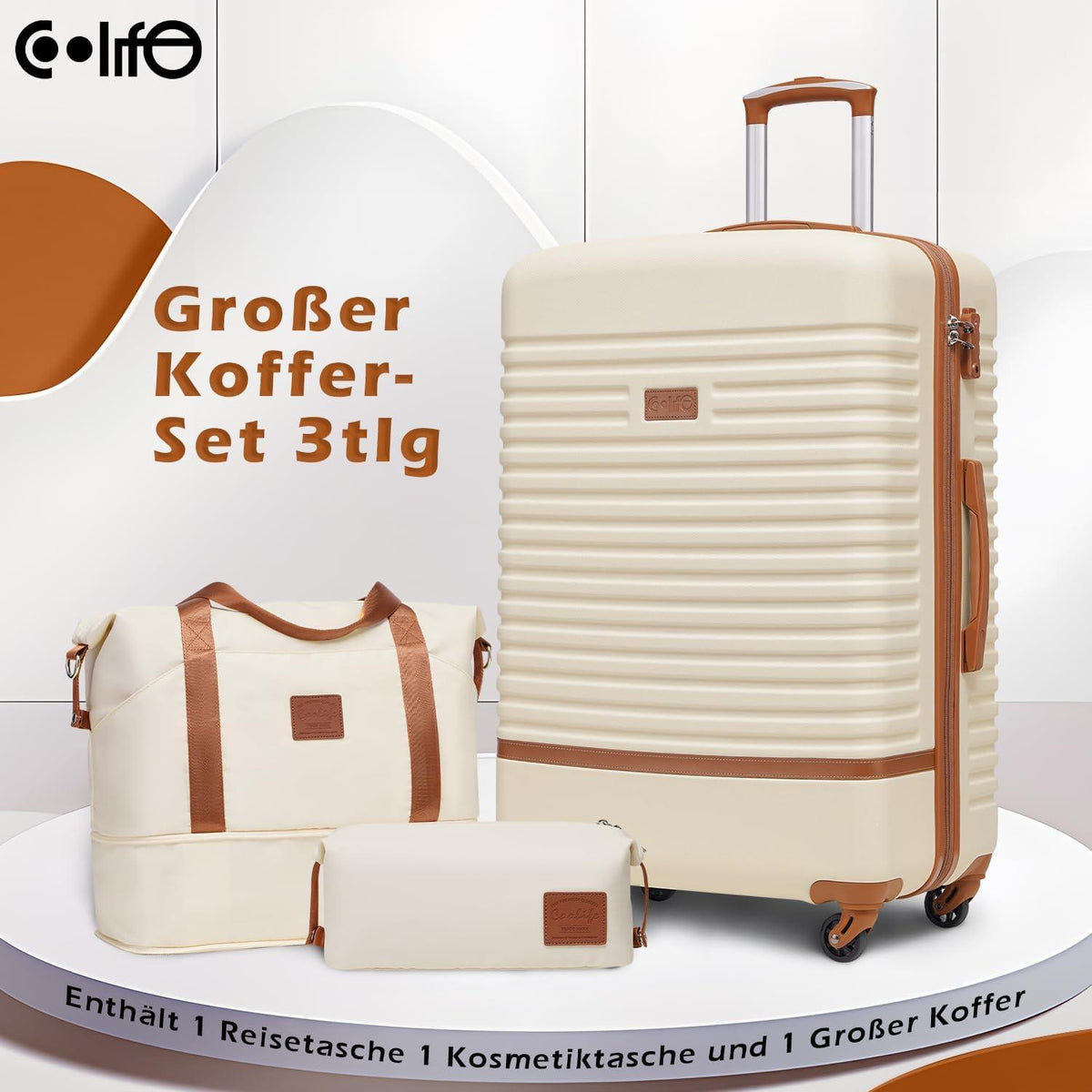 COOLIFE Kofferset ABS Hartschale 3-teilig Weiß/Braun