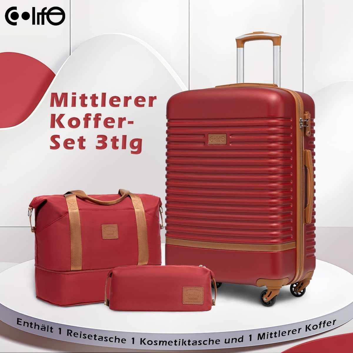 Hartschalen Koffer Set 3tlg Rot/Braun ABS Trolley 4 Rollen