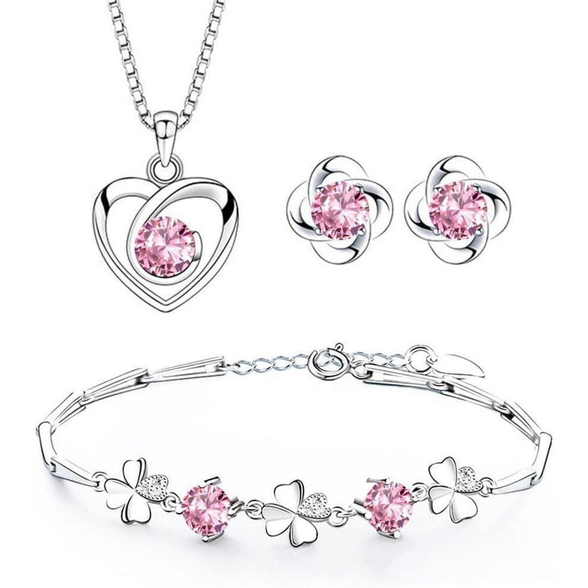 Schmuckset Damen Silber 925 mit Zirkonia, Herz Halskette & Klee Armband & Ohrstecker