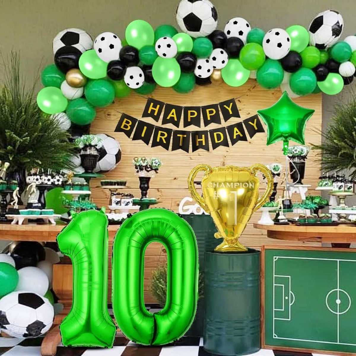 Fußball Luftballon 10 Jahre Party Deko Set trophäe Ballons Grün Schwarz