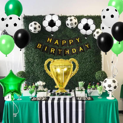 Fußball Geburtstagsdeko Set 7 Jahre Trophäe Ballons Grün Schwarz Jungen Party