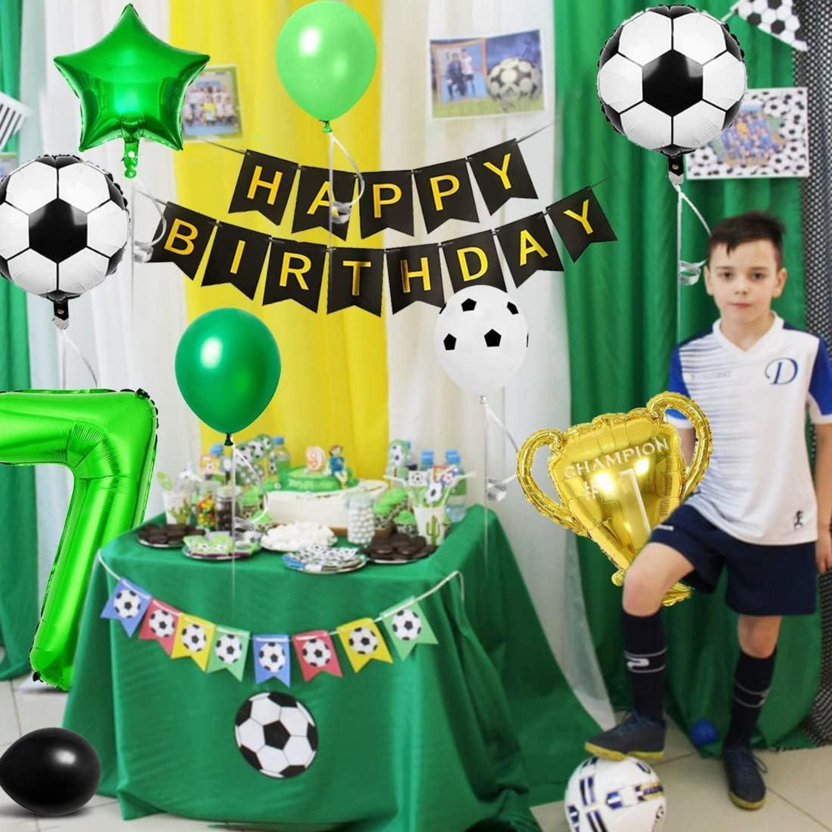 Fußball Luftballon Set 7 Jahre Trophäe Party Dekoration Grün Schwarz