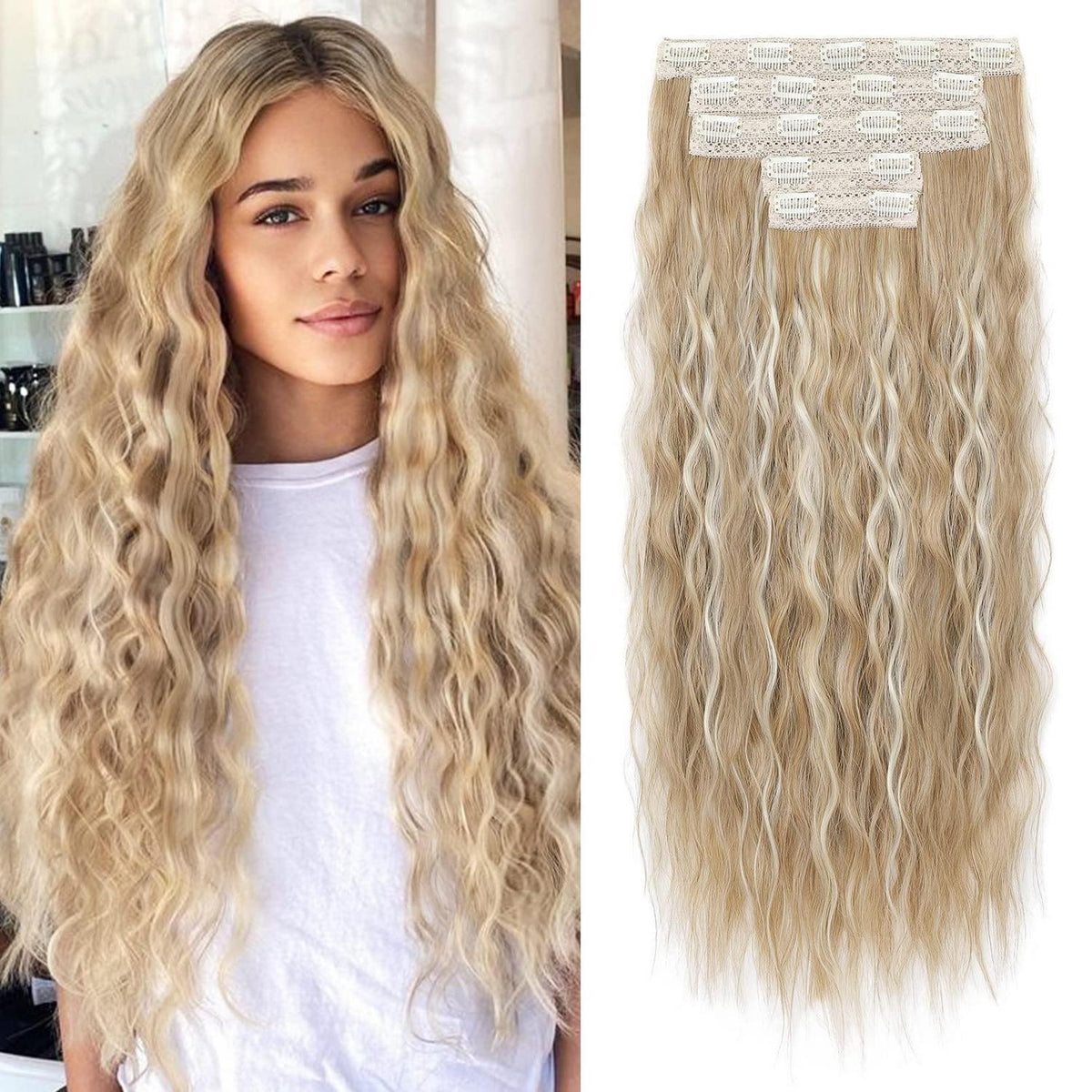 Lange, lose Wellen Haarverlängerung – Mittelblond mit Highlights