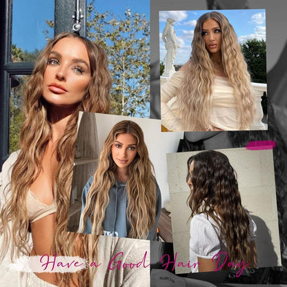 Lange, lose Wellen Haarverlängerung – Mittelblond mit Highlights