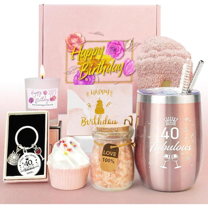 40. Geburtstag Geschenkset für Frauen – Isolierter Becher, Badesalz, Kerze