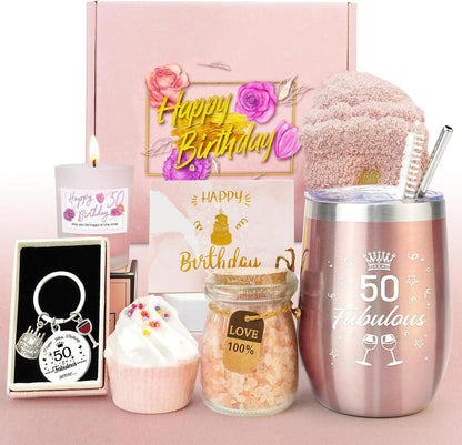 50. Geburtstagsgeschenkset für Frauen, Geschenkkorb inkl. Becher und