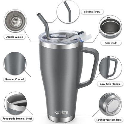 Thermobecher 850ml mit Strohhalm und 2 Deckeln Edelstahl Isolierbecher Grau