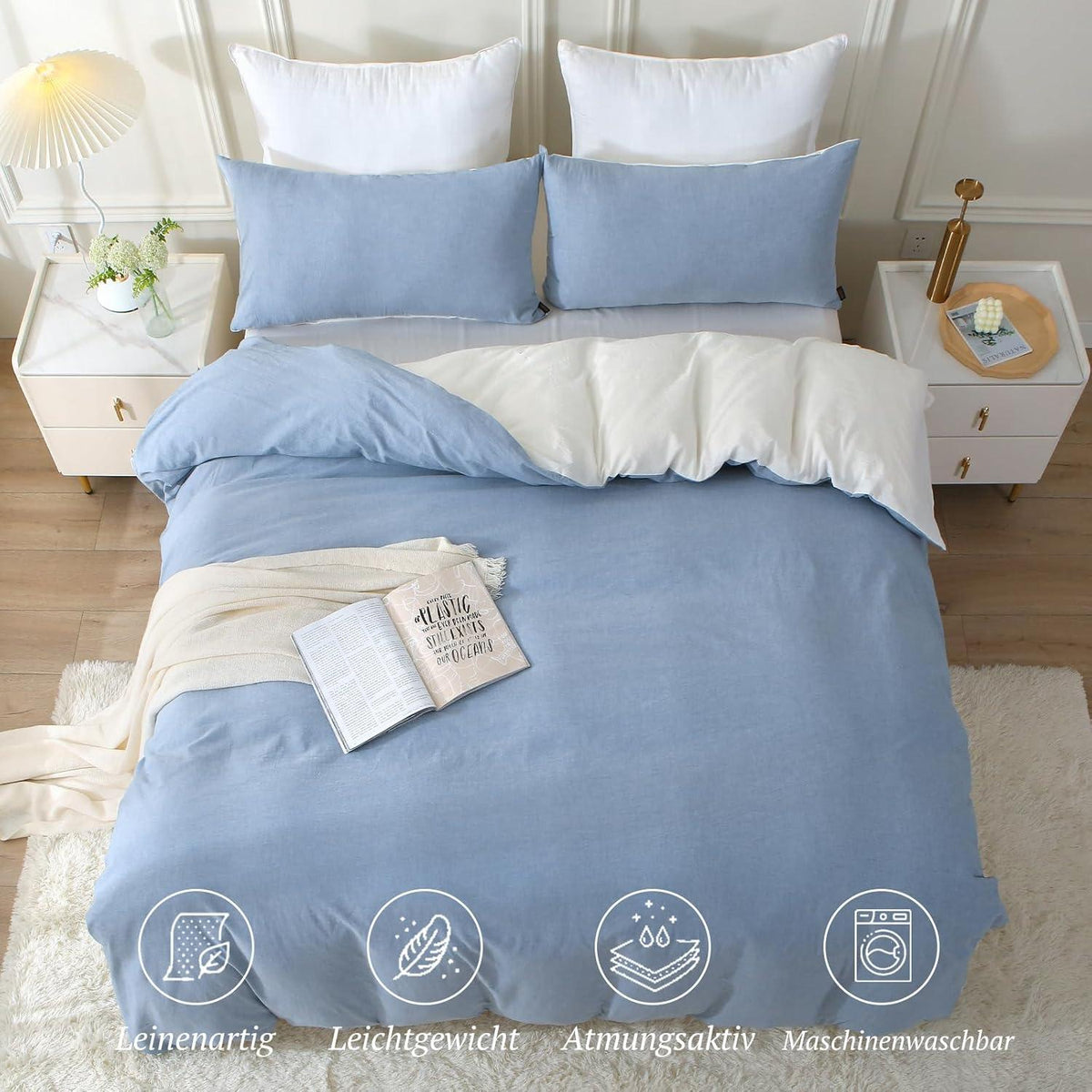 SOULFUL Bettwäsche 200x200 Baumwolle 3tlg. Haiya Blue Stone Washed