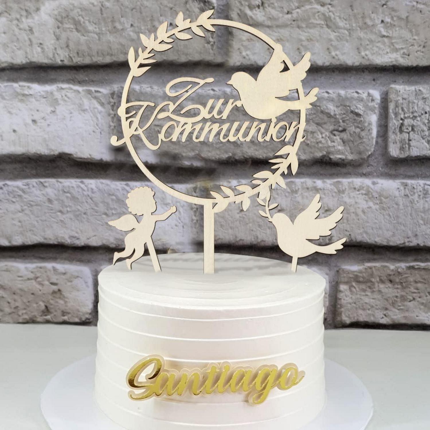 Holz Tortendeko Kommunion Cake Topper Taube Fisch Junge Mädchen