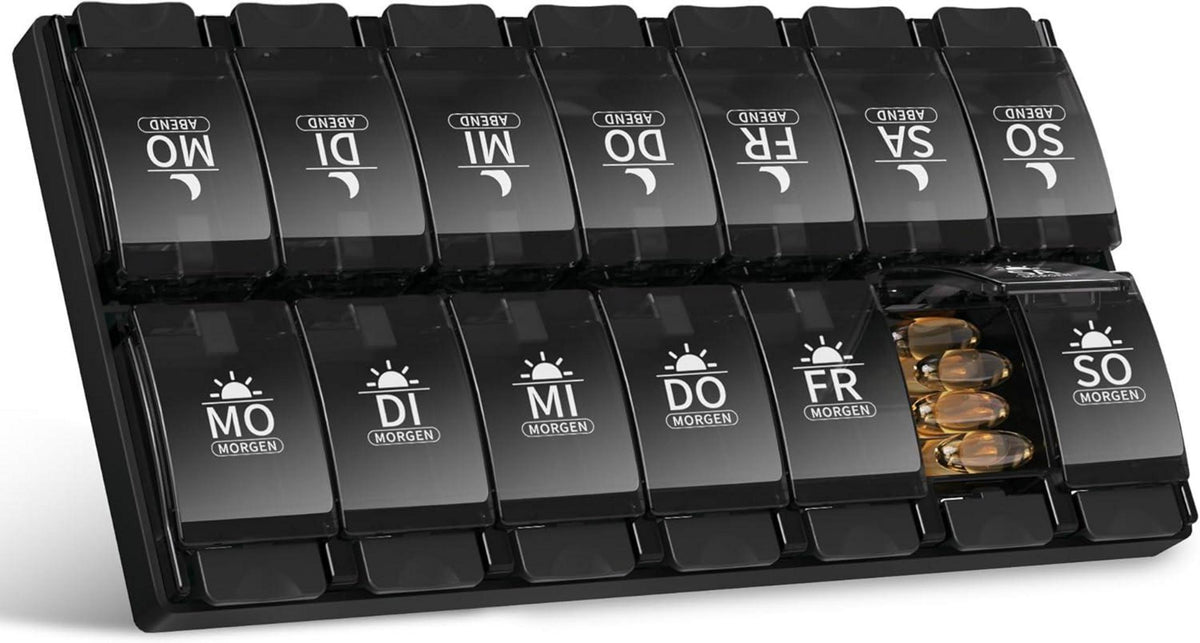 Pillenbox 7 Tage, Tablettenbox mit 2 Fächern, Druckknopf-Design