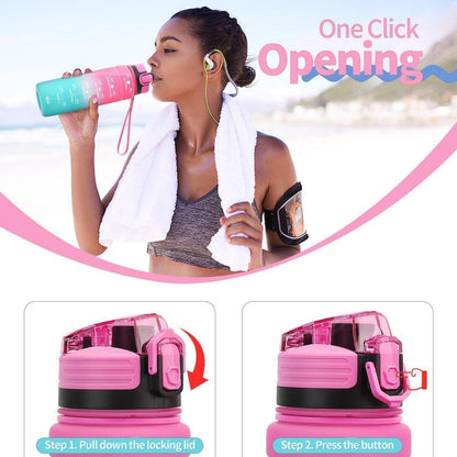 Motivierende Trinkflasche mit Zeitmarkierung, auslaufsicher, BPA-frei, 1000 ml Rosa-Smaragd