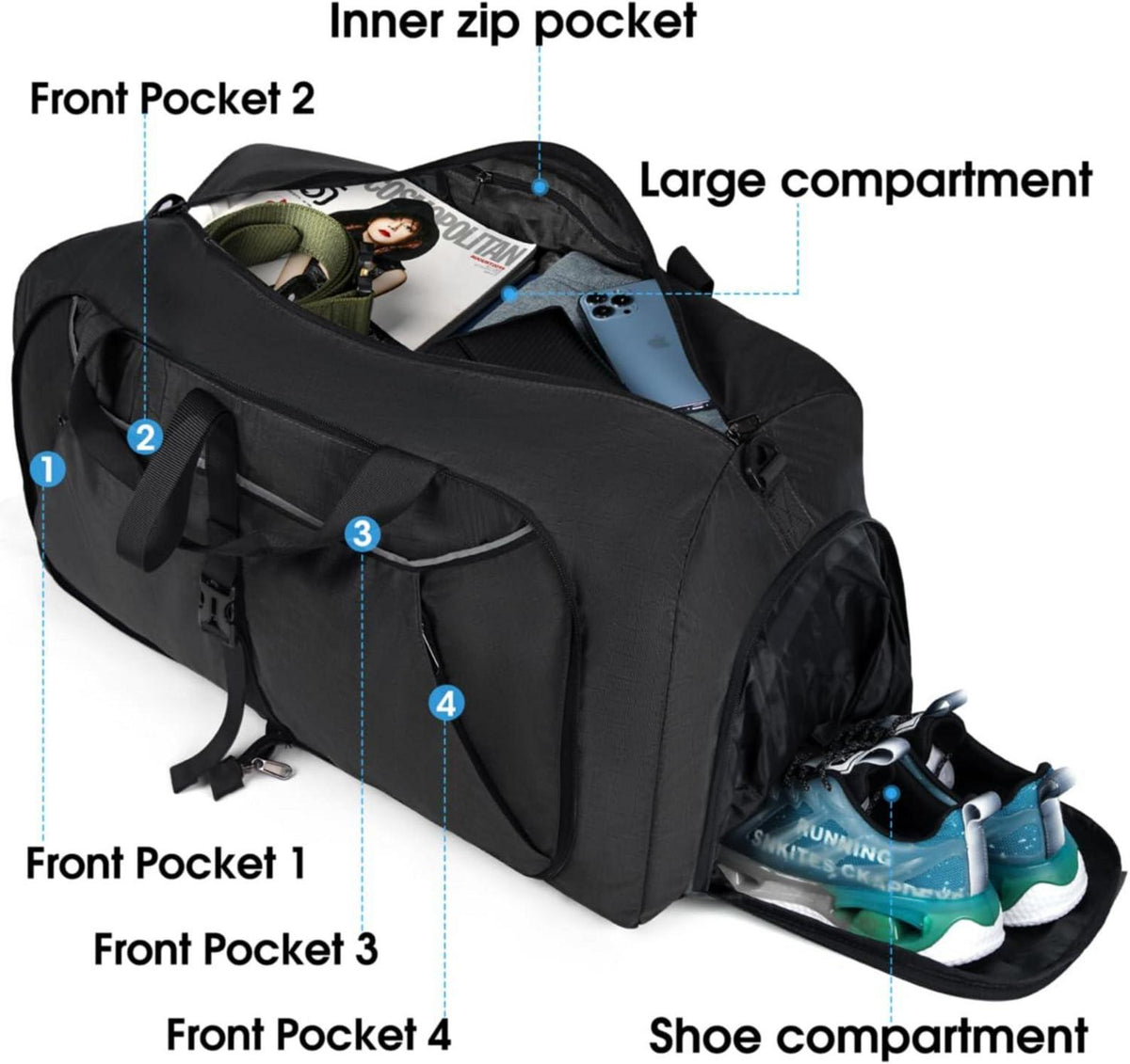 Faltbare Reisetasche 100L Schwarz Sporttasche für Herren und