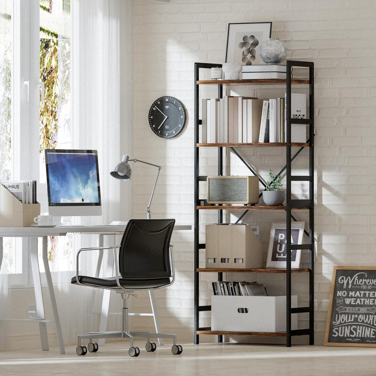 Bücherregal mit 5 Ebenen Holz Industrie-Style Lagerregal Vintagebraun-schwarz