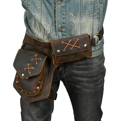 Herren Canvas & Leder Beintasche Motorrad Hüfttasche Braun