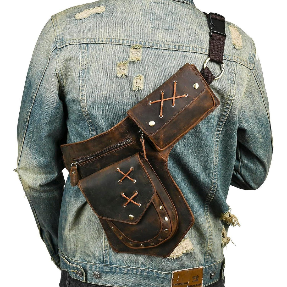 Herren Canvas & Leder Beintasche Motorrad Hüfttasche Braun