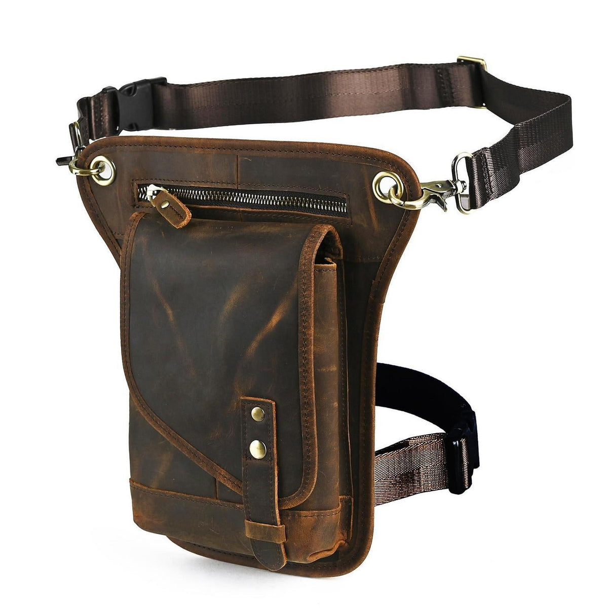 Herren Canvas & Leder Beintasche Motorrad Hüfttasche Braun