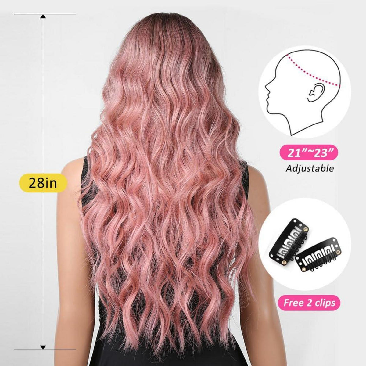 Ombre Rosa Lange Lockige Perücke mit Pony für Frauen - Hitzebeständige Synthetische Haarperücke
