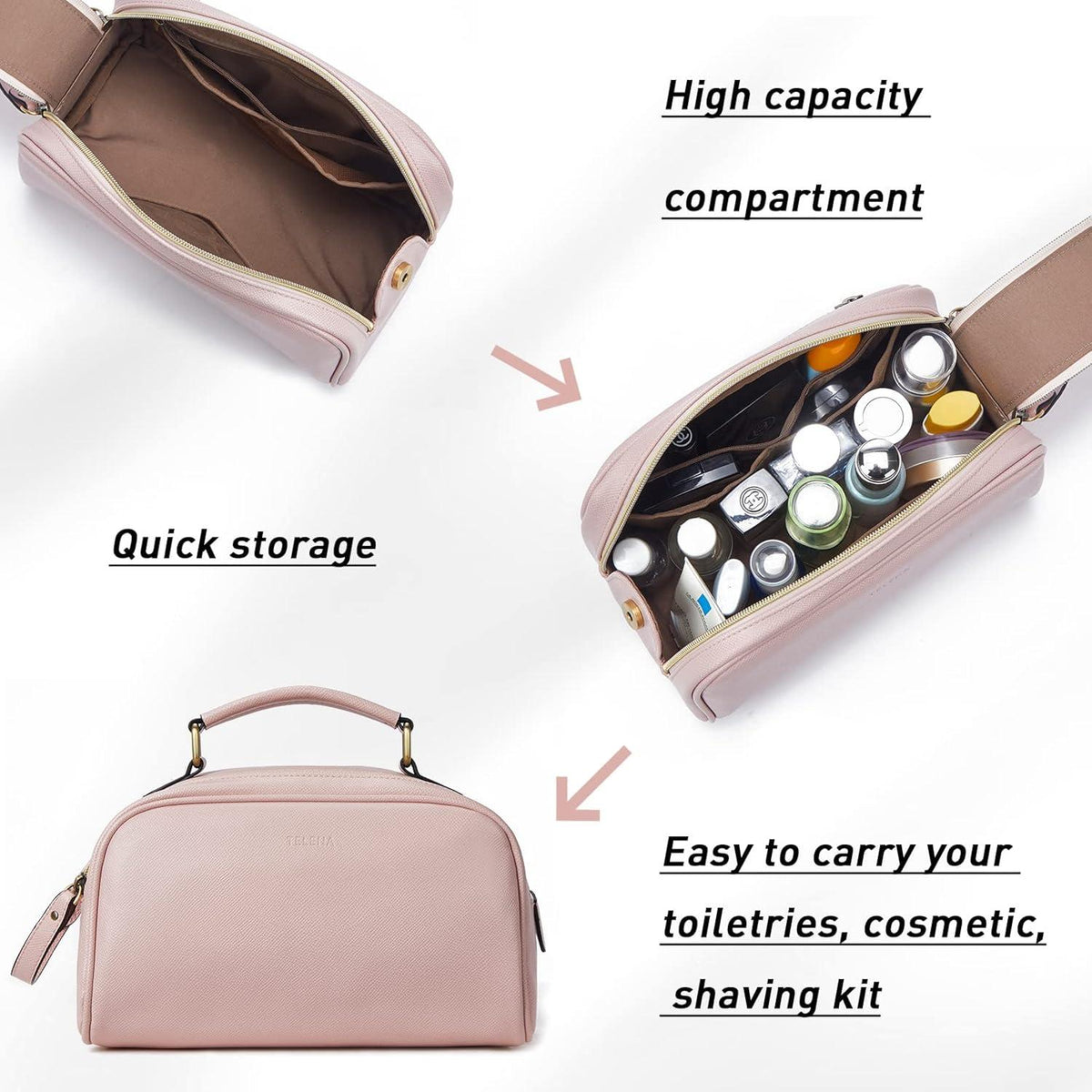 Telena Kulturbeutel Damen Herren, Reise-Kosmetiktasche, PU-Leder, Rosa