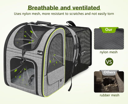 Pecute Hunderucksack Erweiterbar Grau XL Netzfenster/Rucksack für Hunde & Katzen