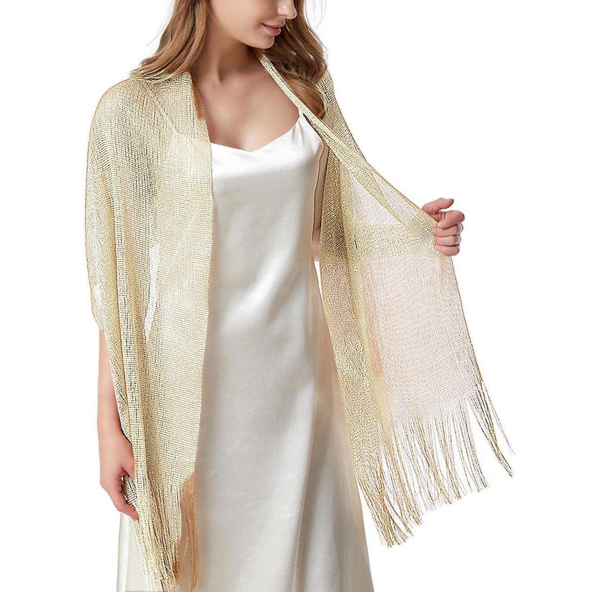 Festliche Stola Damen Elegant mit Quasten - Weiß gold