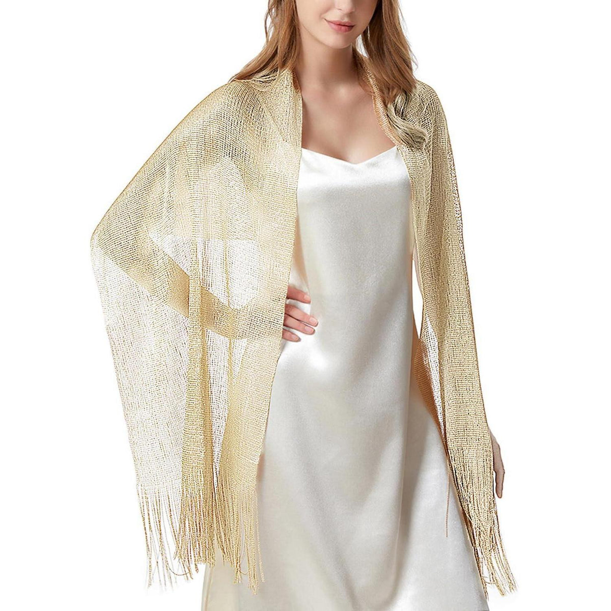 Festliche Stola Damen Elegant mit Quasten - Weiß gold
