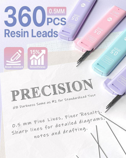 Pastell Druckbleistift Set mit Etui und 360 HB Bleistiftminen, 3 Stück 0,5 mm Minenbleistift, Radiergummis inklusive