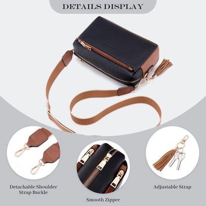 Damen Umhängetasche Veganem Leder Crossbody Schultertasche Schwarz Braun