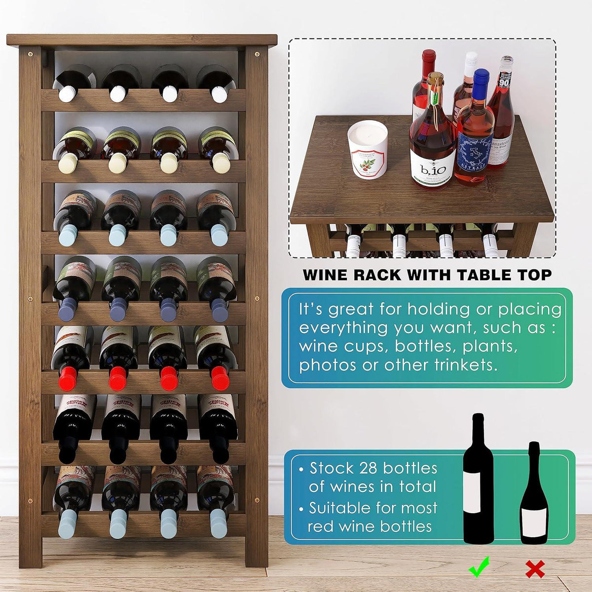 Weinregal Bambus 28 Flaschen 7 Etagen Küche Speisekammer Keller Bar