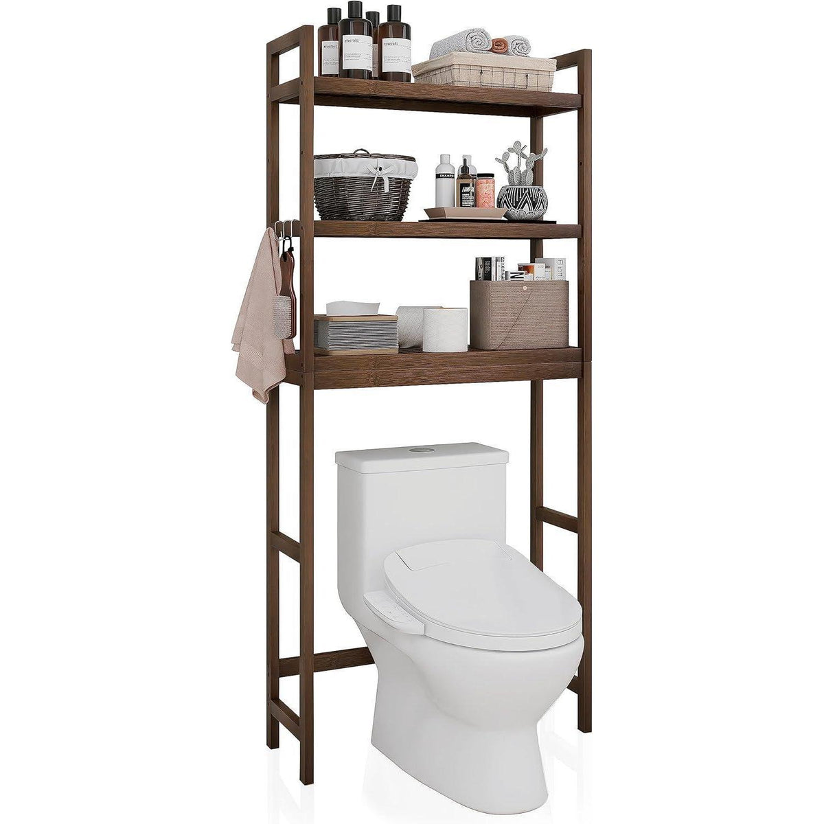 Bambus Toilettenregal mit 3 verstellbaren Ablagen, Walnuss
