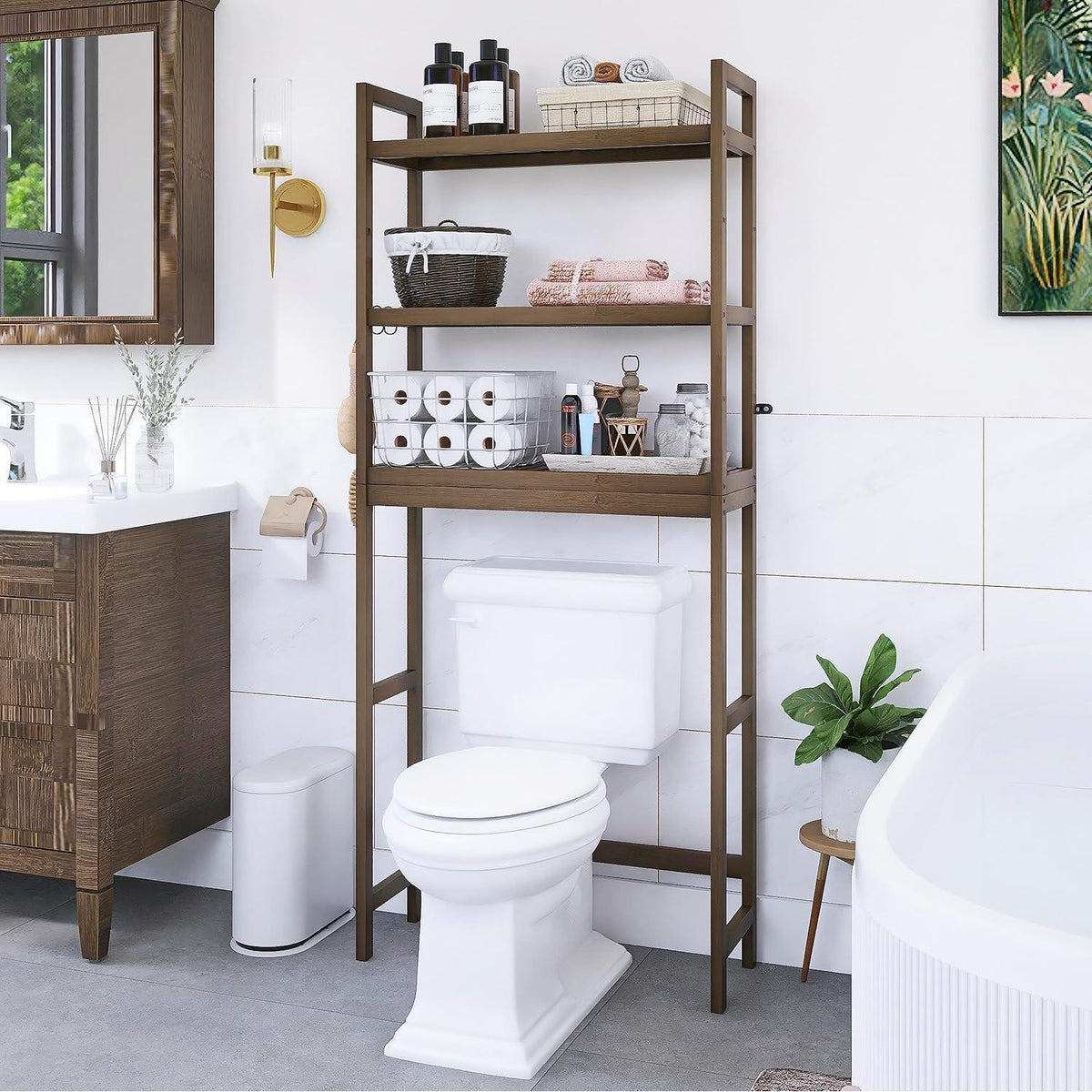 Bambus Toilettenregal mit 3 verstellbaren Ablagen, Walnuss