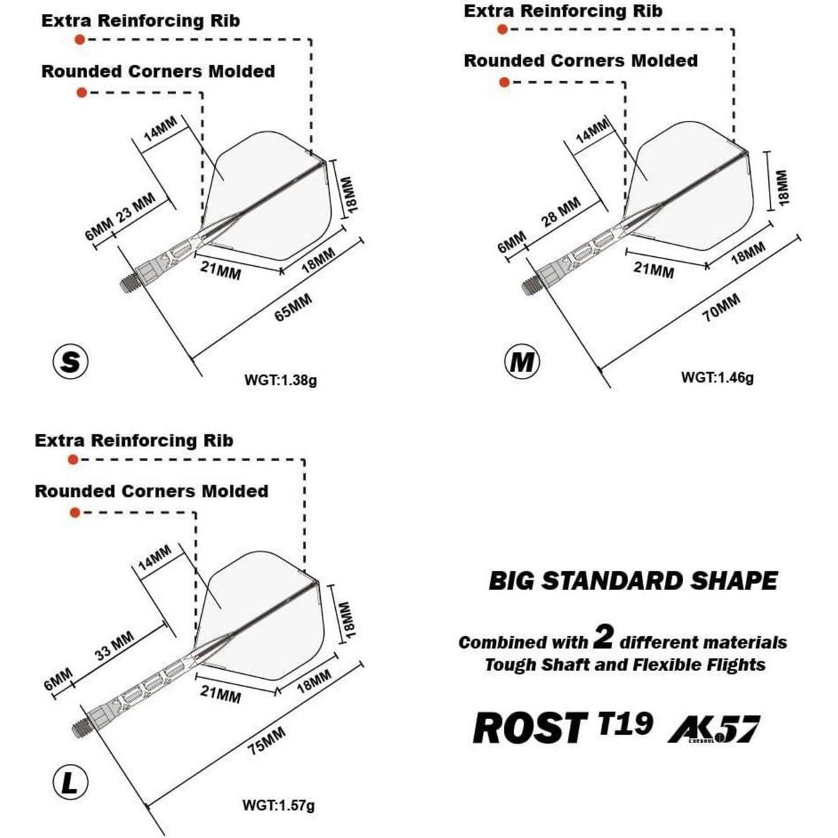 Integrierte Dartschaft & Flight, Große Standardform, Schwarz/Eis, M