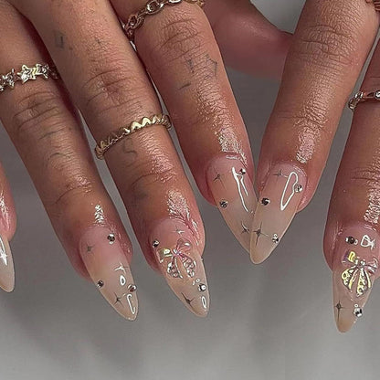 24 Stück Mandel Nägel Aufkleben French Stiletto Glitzer Kit