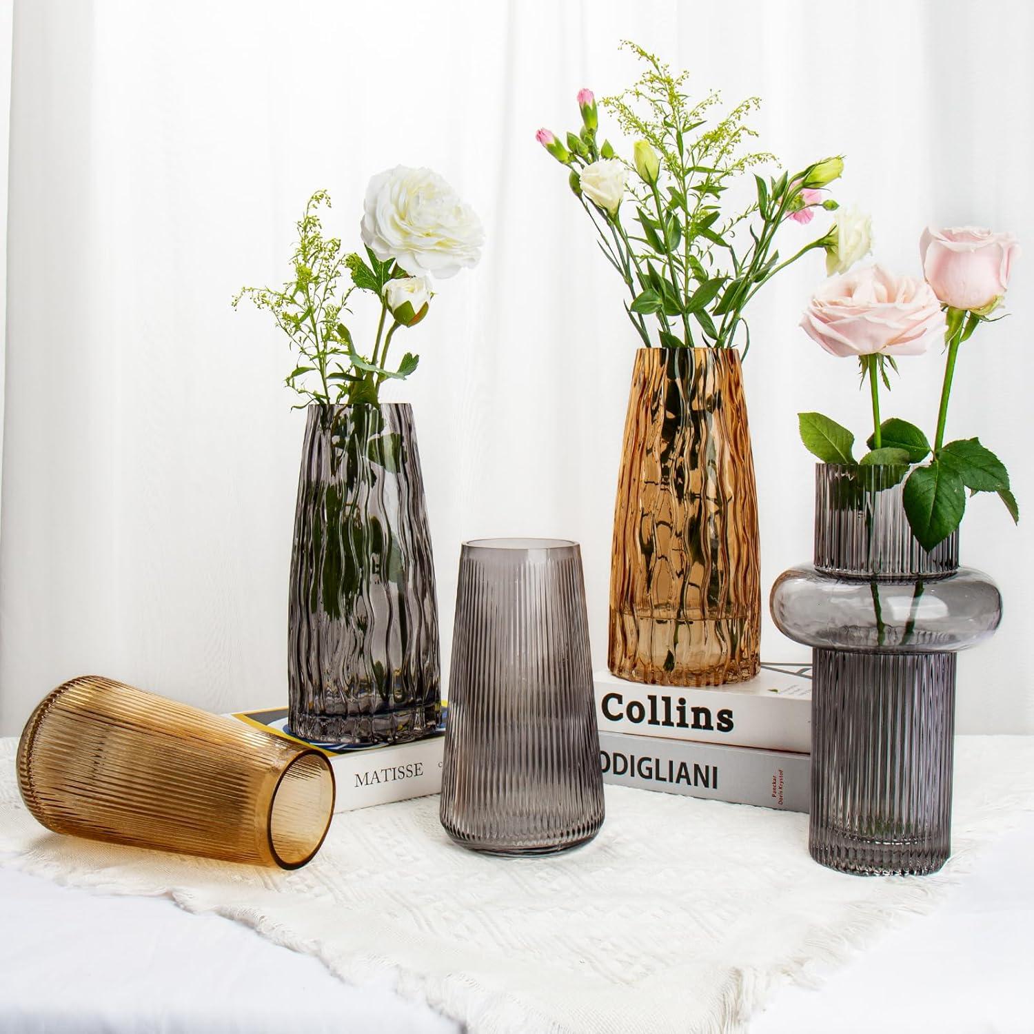Moderne Glasvase mit Rillen 20cm Hochzeit Büro Deko Blumenvase