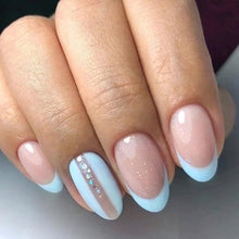 24 Stück Mandel Nägel French Hellblau Künstliche Glossy Press on Nails