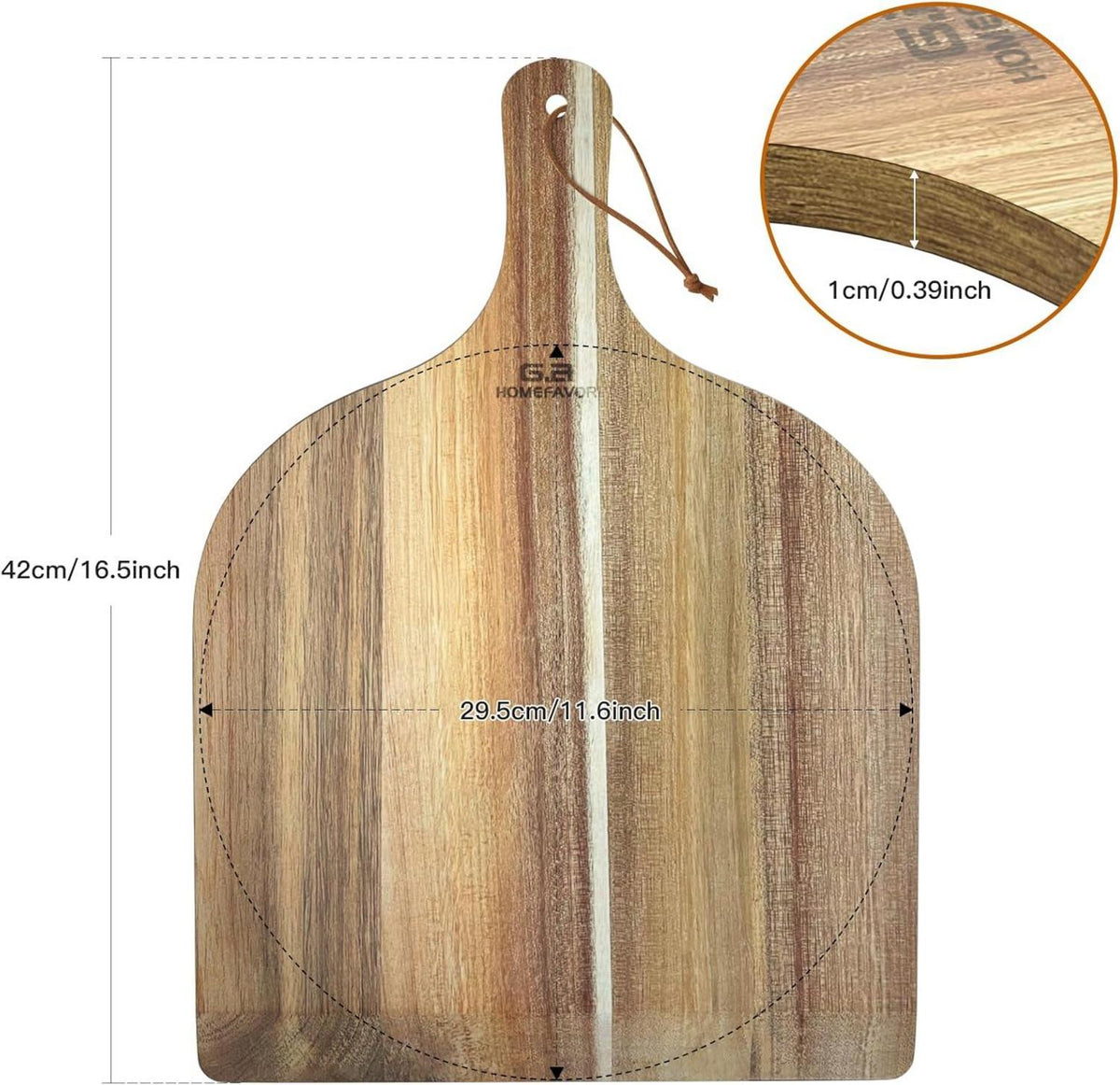 Pizzabrett Akazienholz 30 cm mit langem Griff für hausgemachte Pizza
