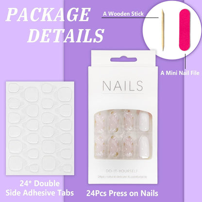 24 Stück Mandel Blumen French Cute Weiß Künstliche Fingernägel Kit