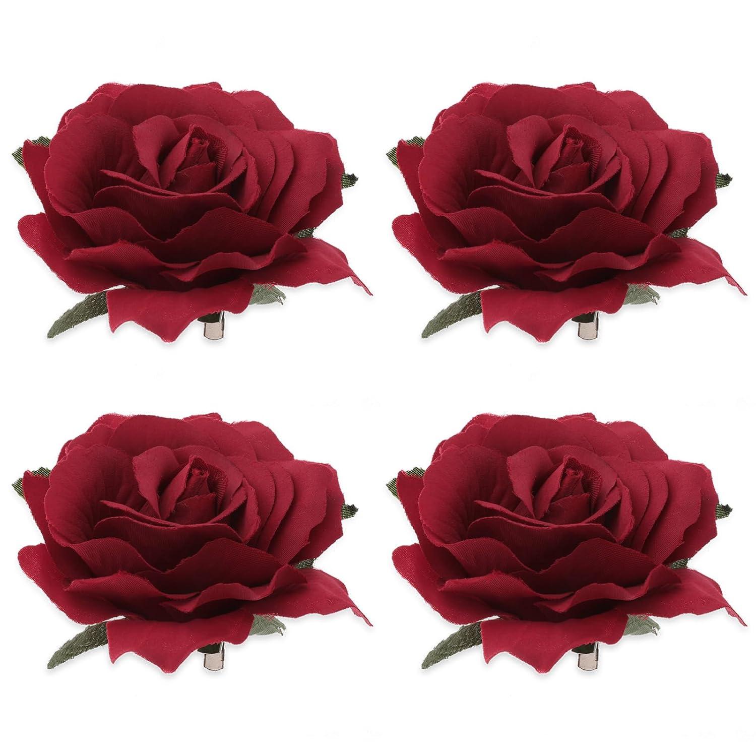 4er Set Blumen-Haarspangen Stoffrose Broschen Haarschmuck_rot