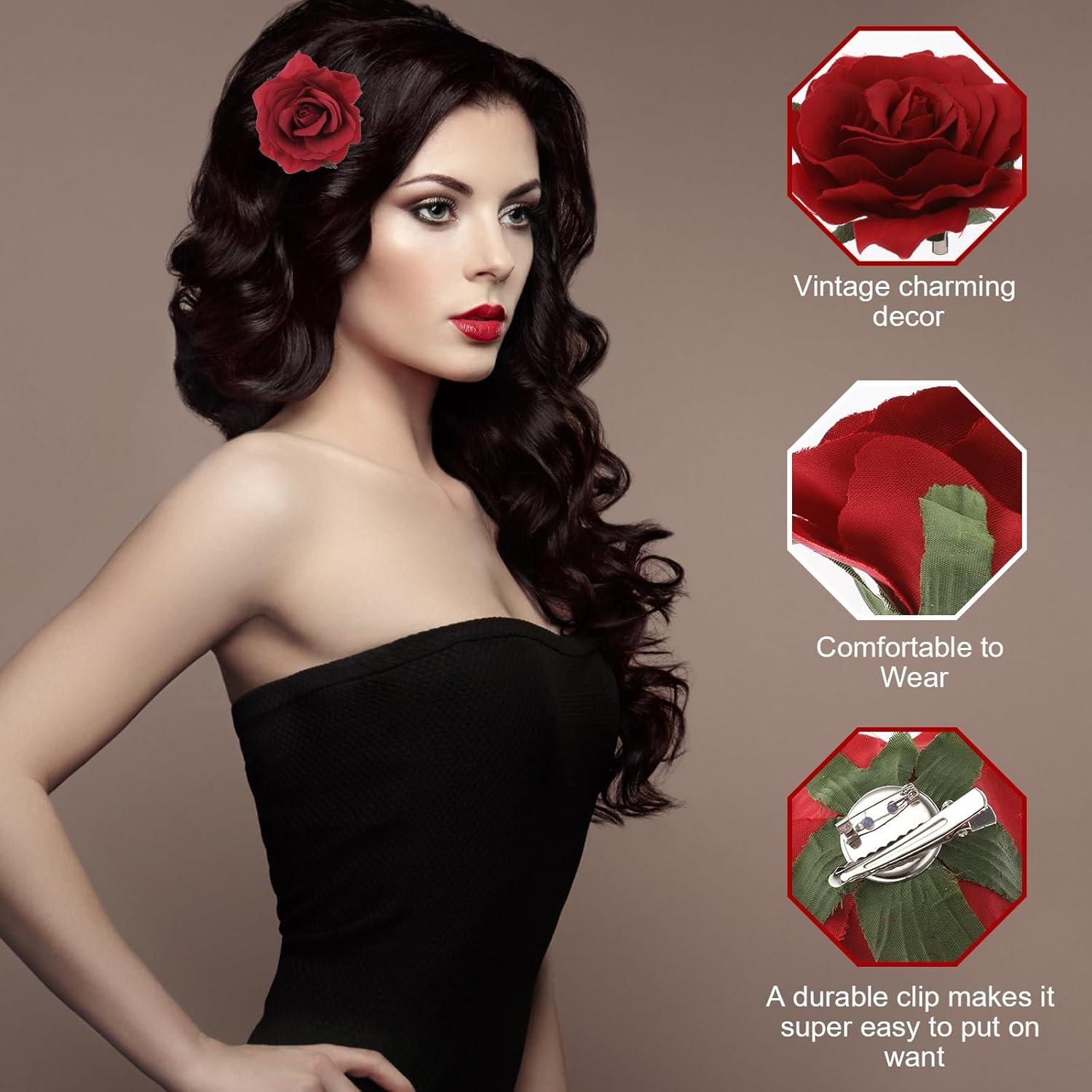 4-er Set Große Rosen Broschen Haarclips Blumen Haarspangen Hochzeit Rot