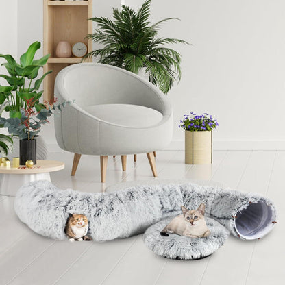 Plüsch Katzentunnel mit Katzenbett und Hängendem Ball Grau