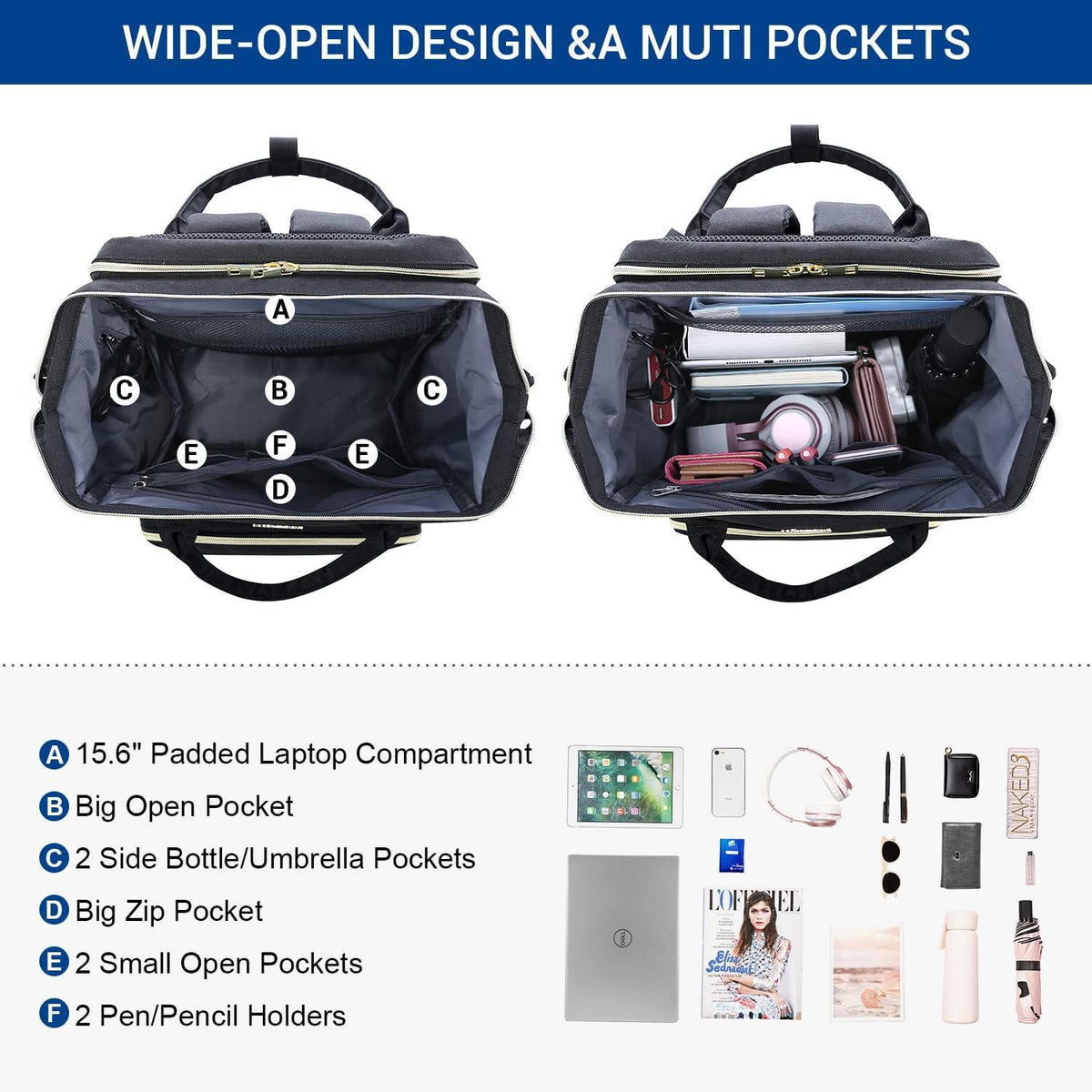 Schwarzer Laptoprucksack 17 Zoll Damen Business Uni mit Laptopfach