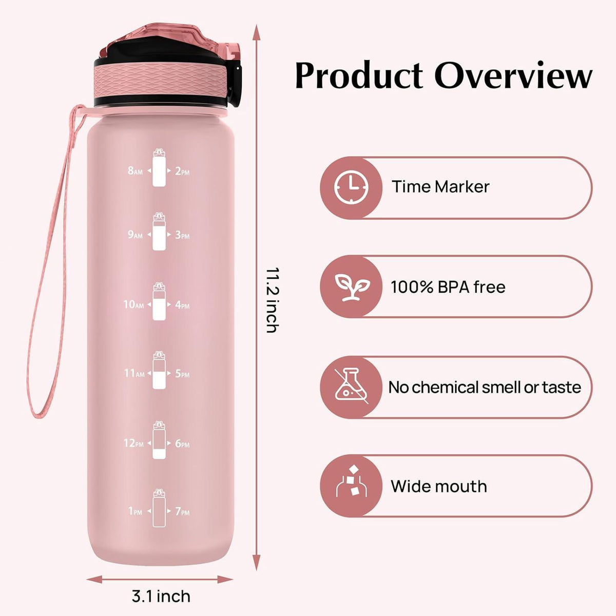EYQ 1L Sportwasserflasche mit Zeitmarker BPA-frei in Rosa